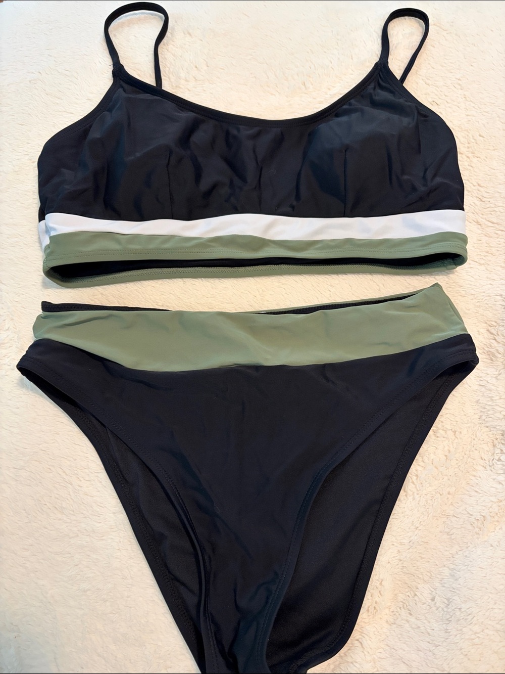 Cupshe Black Bikini with Olive and White Band - Sporty Scoop Two-Piece